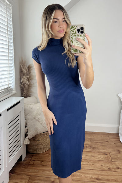 Cap Sleeve High Neck Bodycon Ribbed Midi Dress In Navy - Miss Floral