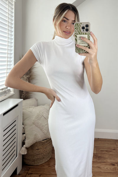 Cap Sleeve High Neck Bodycon Ribbed Midi Dress In White - Miss Floral