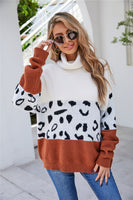 Turtle Neck Colour Block And Leopard Pattern Knitted Jumper - Miss Floral