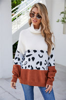Turtle Neck Colour Block And Leopard Pattern Knitted Jumper - Miss Floral