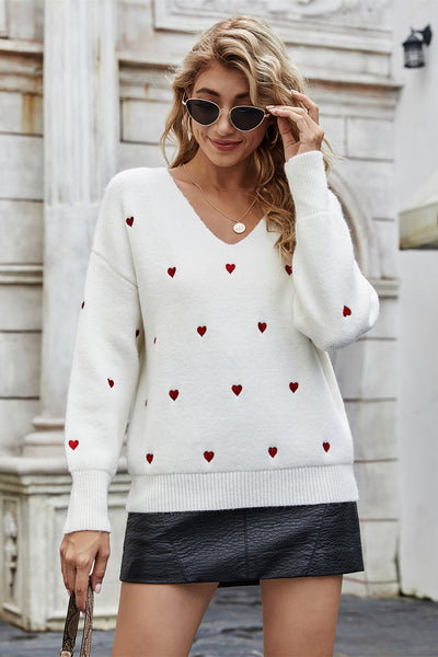 Long Sleeve Heart Pattern Knitted Jumper In White - Miss Floral