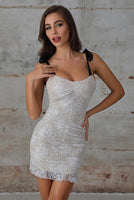 Knotted Strap Ruched Lace Bodycon Dress In White - Miss Floral