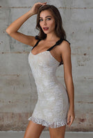 Knotted Strap Ruched Lace Bodycon Dress In White - Miss Floral