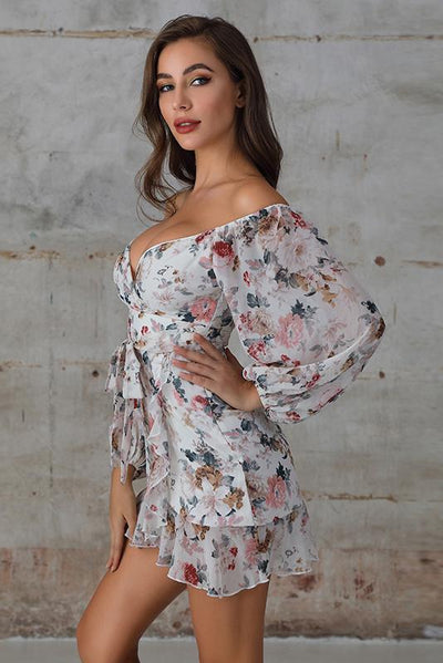 Off Shoulder Ruffle Wrap Mini Dress In White Floral Print - Miss Floral