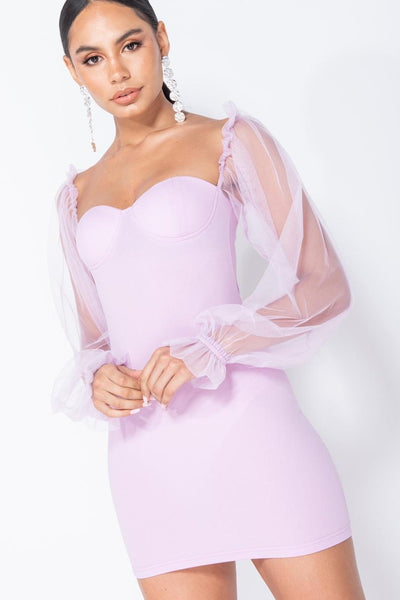 Lilac Sheer Sleeve Bodycon Mini Dress with Bustier Detail - Miss Floral