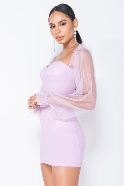 Lilac Sheer Sleeve Bodycon Mini Dress with Bustier Detail - Miss Floral