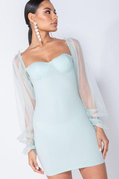 Mint Sheer Sleeve Bodycon Mini Dress with Bustier Detail - Miss Floral