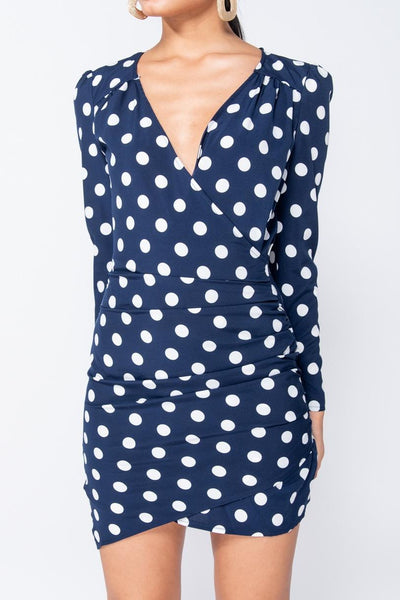 Polka Dot Ruched Bodycon Mini Dress In Navy - Miss Floral