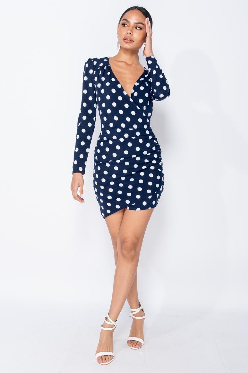 Polka Dot Ruched Bodycon Mini Dress In Navy - Miss Floral