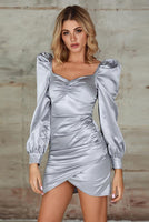 Ruched Puff Sleeve Satin Dress In Grey - Miss Floral