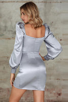 Ruched Puff Sleeve Satin Dress In Grey - Miss Floral