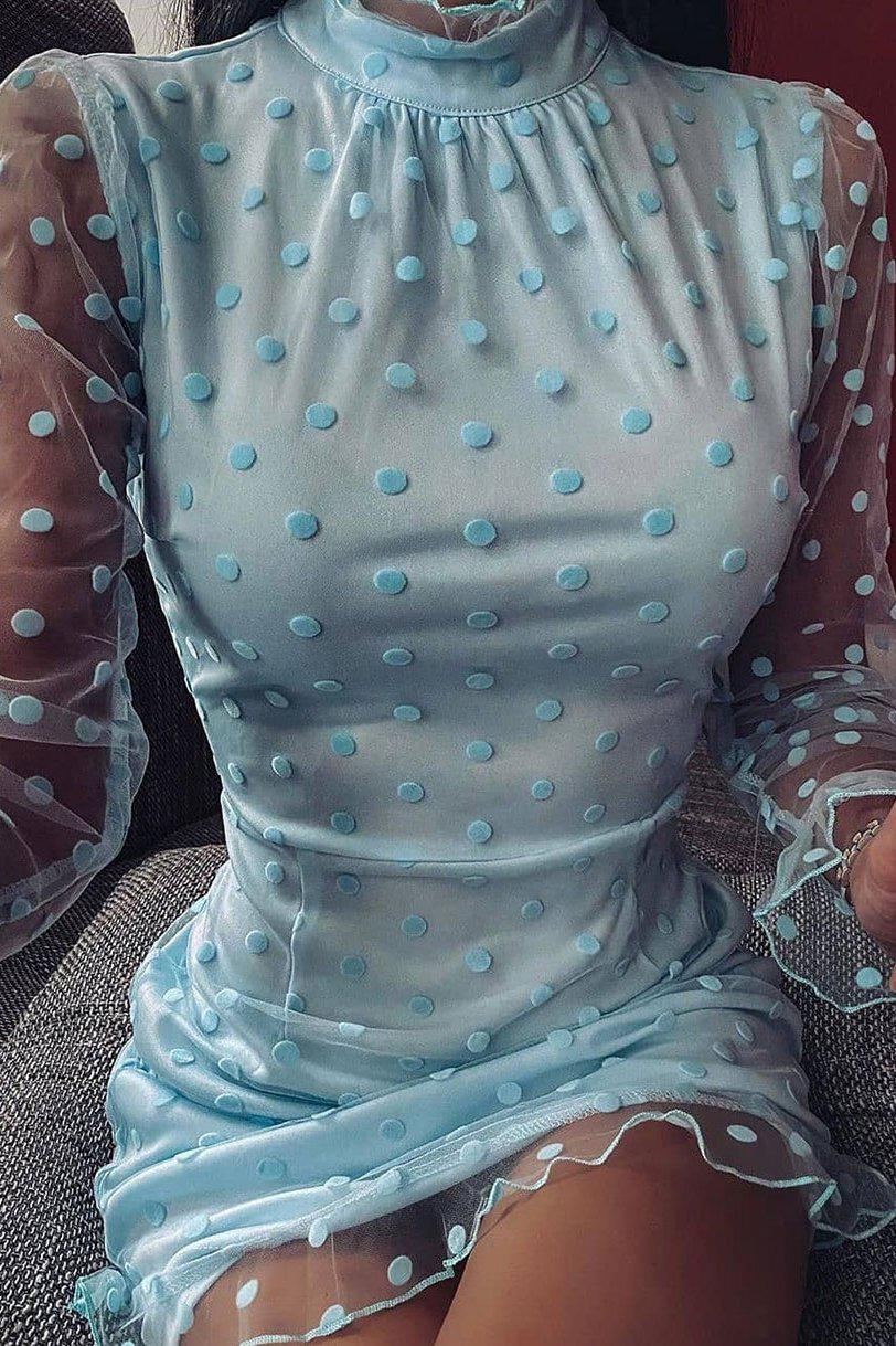 Sheer High Neck Frill Trim Mini Dress In Blue Polka Dot - Miss Floral