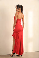 Cami Asymmetric Ruffle Hem Dress In Red Satin - Miss Floral