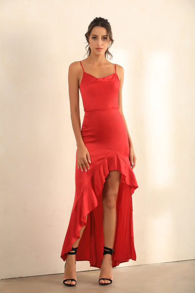 Cami Asymmetric Ruffle Hem Dress In Red Satin - Miss Floral