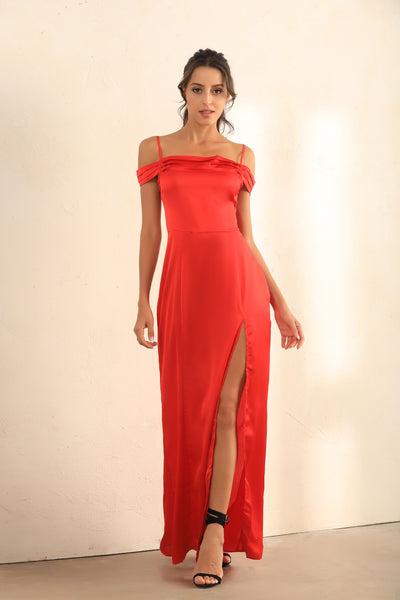 Split Thigh Cami Maxi Dress In Red Satin - Miss Floral