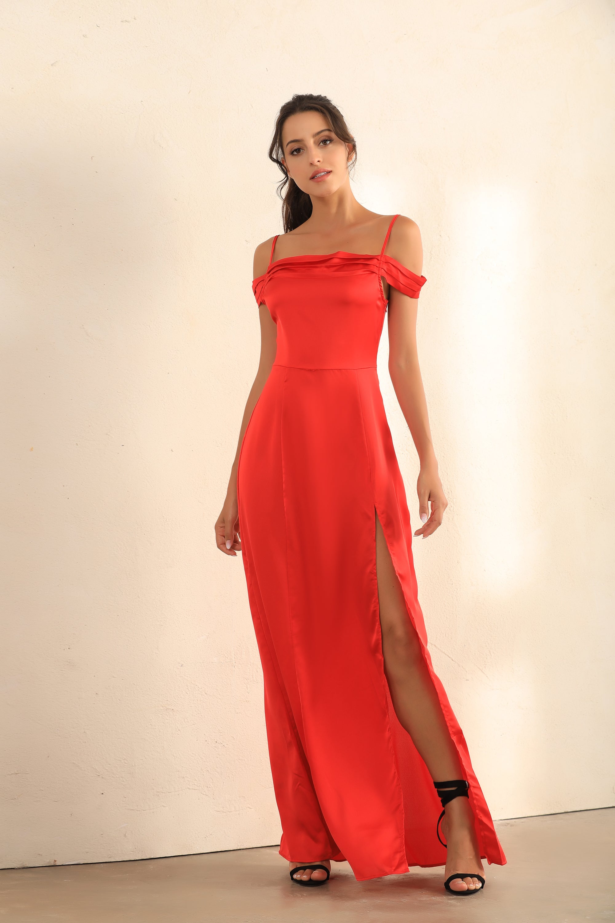 Red cami strap maxi best sale dress with thigh split