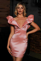 Exaggerated Ruffle Bodycon Mini Dress In Pink Satin - Miss Floral