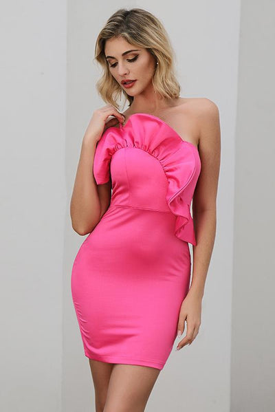 One Shoulder Ruffle Mini Dress In Neon Pink - Miss Floral