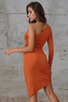 One Shoulder Ruched Bodycon Dress In Orange - Miss Floral