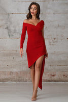 One Sleeve Asymmetric Hem Dress In Red - Miss Floral