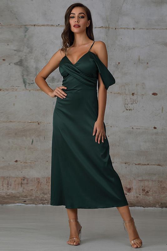 Maxi Dress with Draped Detail In Green Satin - Miss Floral