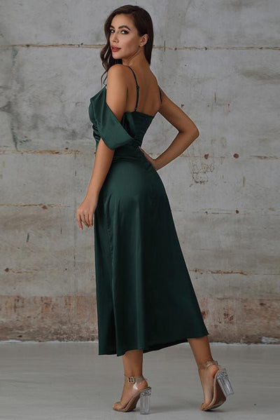 Maxi Dress with Draped Detail In Green Satin - Miss Floral