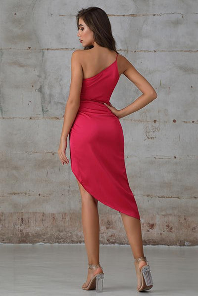 One Shoulder Dress With Asymmetric Hem In Hot Pink Satin - Miss Floral