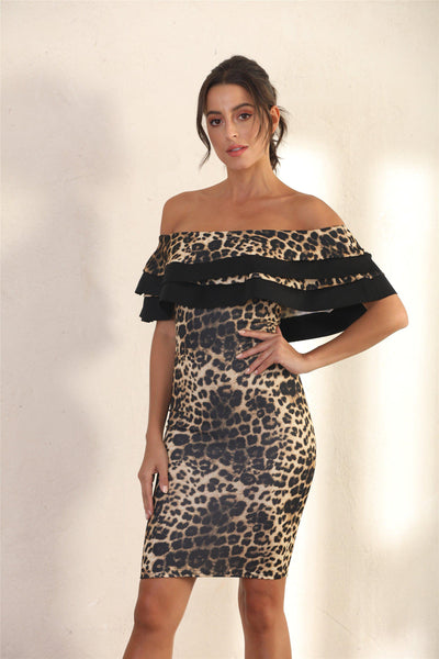 Bodycon Frill Bardot Midi Dress In Brown Leopard - Miss Floral