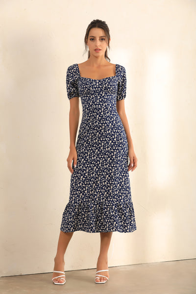 Floral Print Puff Shoulder | Bardot Ruffle Hem Midi Dress In Navy - Miss Floral