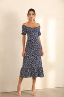 Floral Print Puff Shoulder | Bardot Ruffle Hem Midi Dress In Navy - Miss Floral