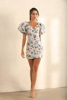 Puff Shoulder Floral Embroidered Mini Dress In Blue - Miss Floral