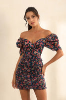 Floral Print Puff Sleeve | Bardot Ruched Mini Dress In Black - Miss Floral