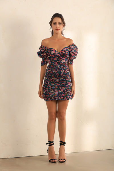 Floral Print Puff Sleeve | Bardot Ruched Mini Dress In Black - Miss Floral