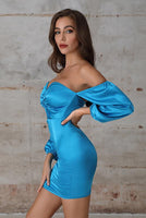 Puff Sleeve Satin Bardot Bodycon Dress In Blue - Miss Floral