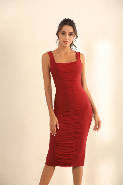 Zip Back Ruched Bodycon Bandage Midi Dress In Red - Miss Floral