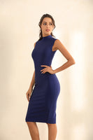 Turtle Neck Bodycon Bandage Midi Dress In Blue - Miss Floral