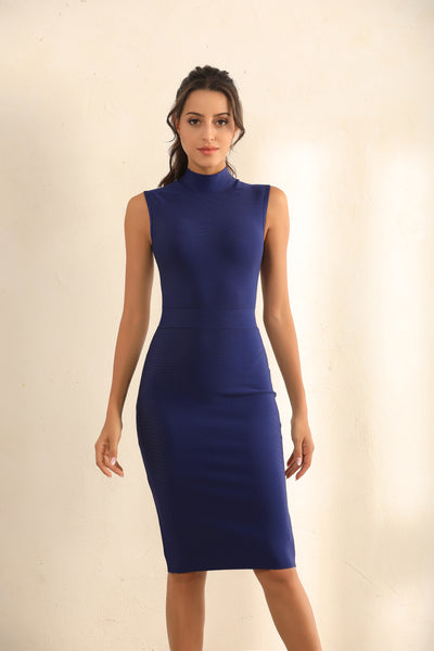 Turtle Neck Bodycon Bandage Midi Dress In Blue - Miss Floral