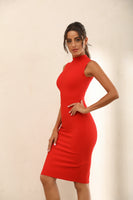 Turtle Neck Bodycon Bandage Midi Dress In Red - Miss Floral