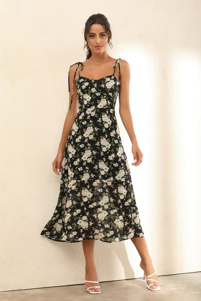 Floral Print Strappy Ruffle Midi Dress In Black - Miss Floral