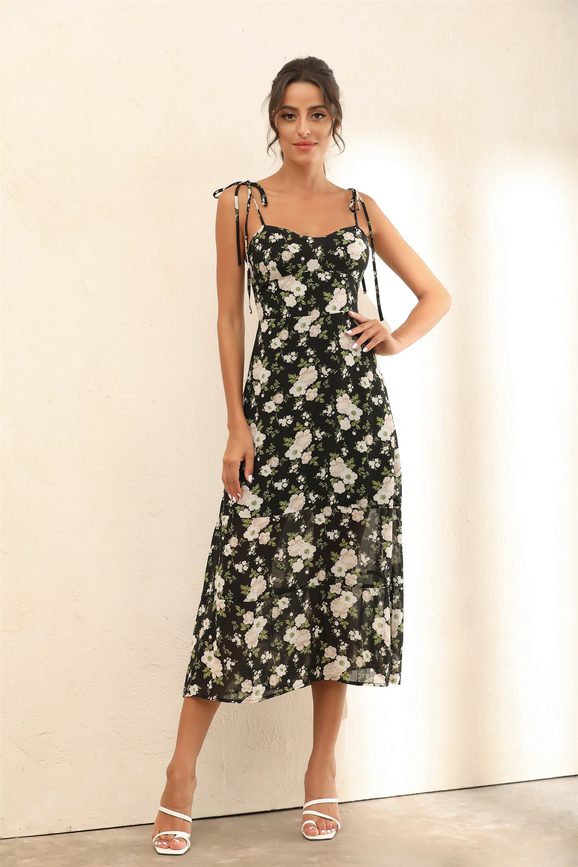 Floral Print Strappy Ruffle Midi Dress In Black – Miss Floral