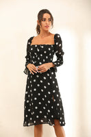 Polka Dot Long Sleeves Split Midi Dress In Black - Miss Floral