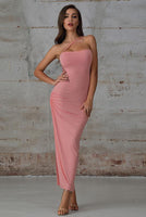 Pink Ruched Split Thigh Maxi Dress with Lace Insert - Miss Floral