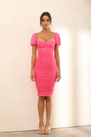 Puff Sleeve Ruched Bodycon Midi Dress In Hot Pink - Miss Floral