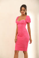 Puff Sleeve Ruched Bodycon Midi Dress In Hot Pink - Miss Floral