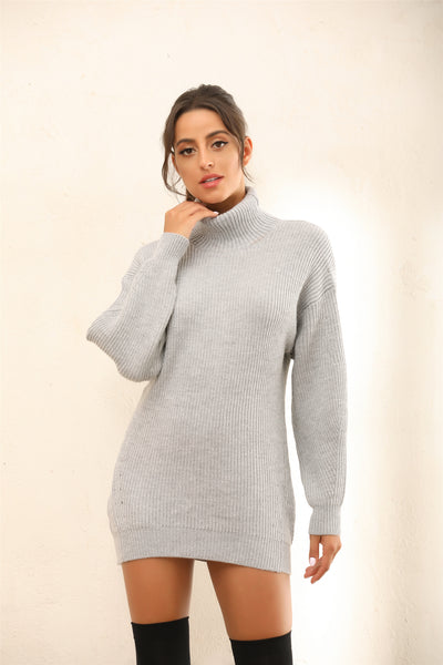 Roll Neck Knitted Jumper | Mini Dress In Grey - Miss Floral